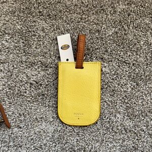 Fossil Yellow Leather Luggage Tag with Brown Strap